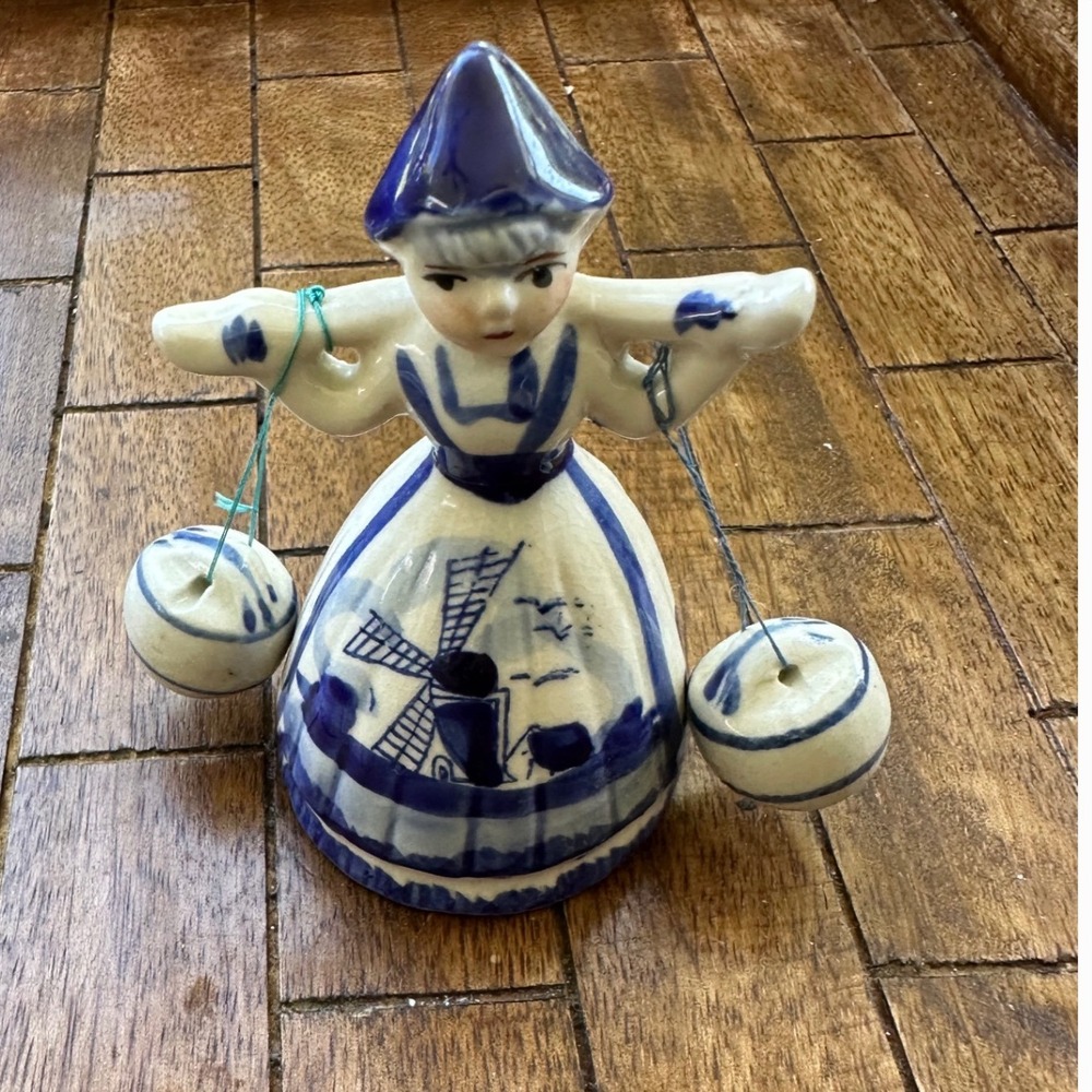 Vintage Delftβ Deco Hand Painted Holland Porcelain Dutch Girl Bell with Buckets